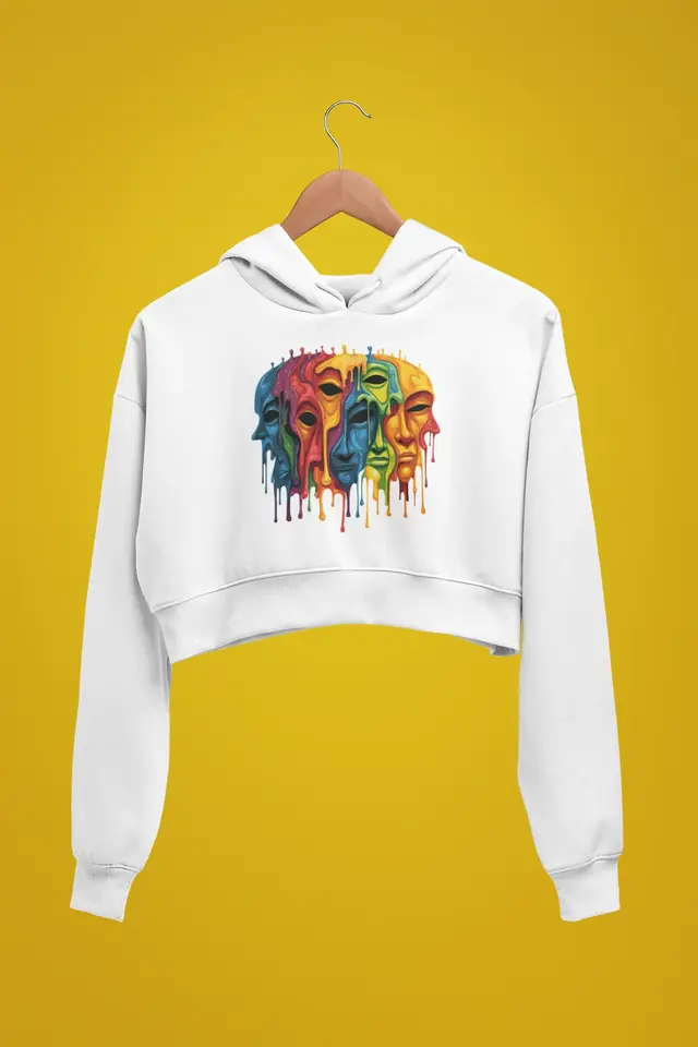 Psychedelic design printed on a white cropped hoodie