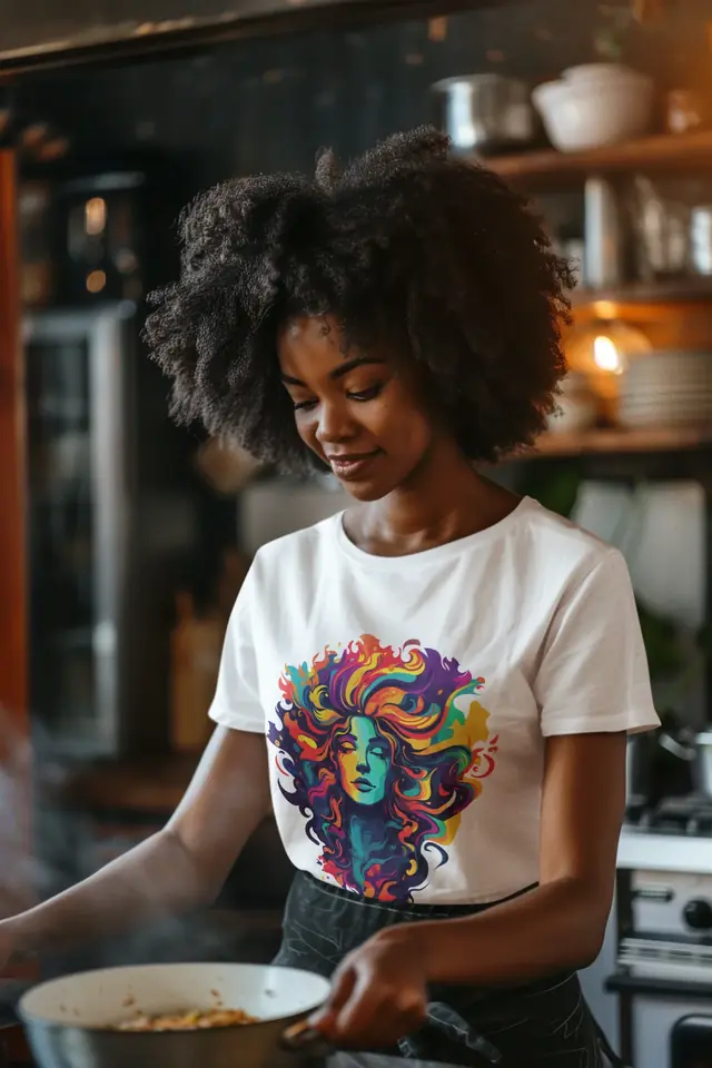 Woman cooking while wearing a colorful printed T-shirt