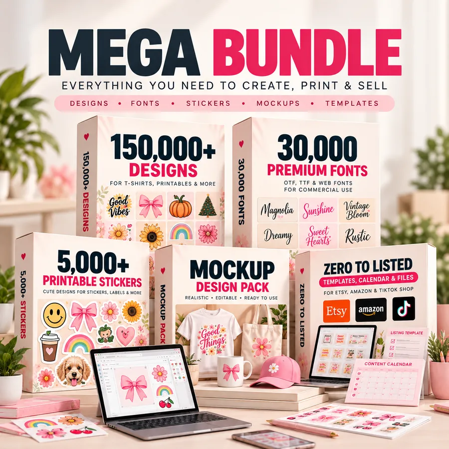 Mega Bundle: designs, fonts, printable stickers, mockups and Zero to Listed